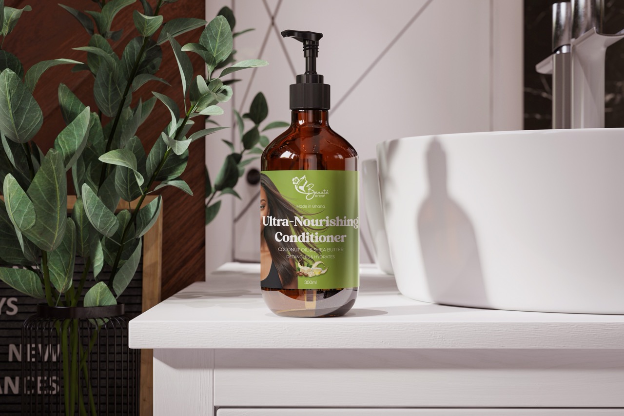 Ultra-nourishing conditioner bottle with green label displayed on white shelf with plant and decorative items