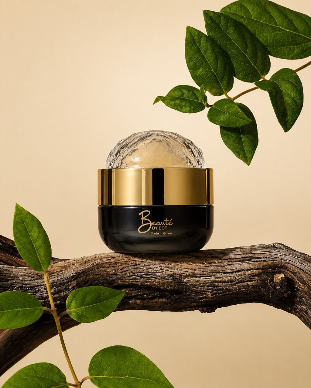 Beauté by ESP Ageless Face Cream displayed on stone pedestal with palm leaves and warm lighting