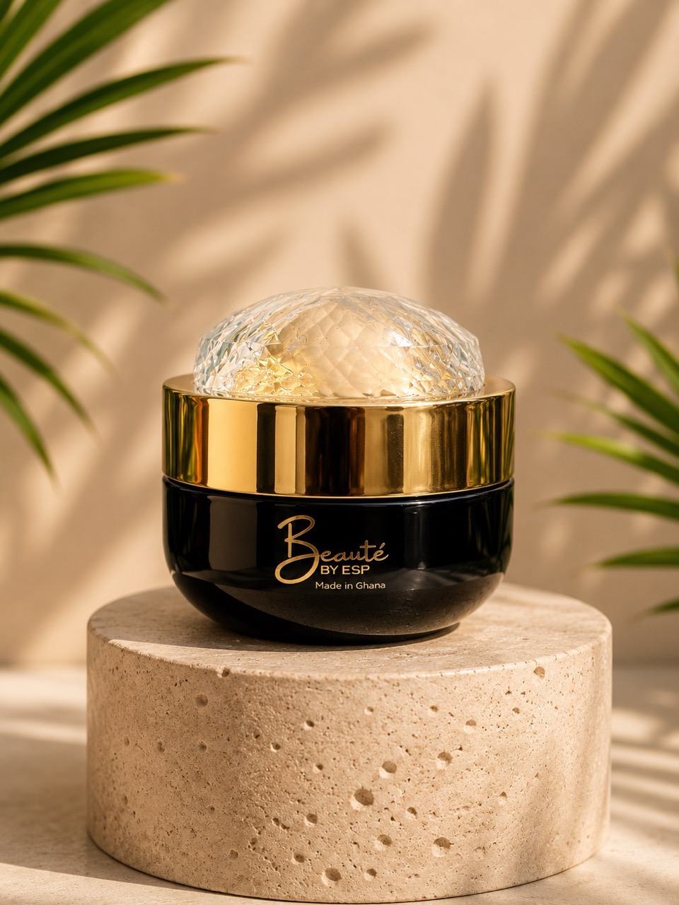 Woman holding Beauté by ESP Ageless Face Cream showing application on cheek with radiant skin