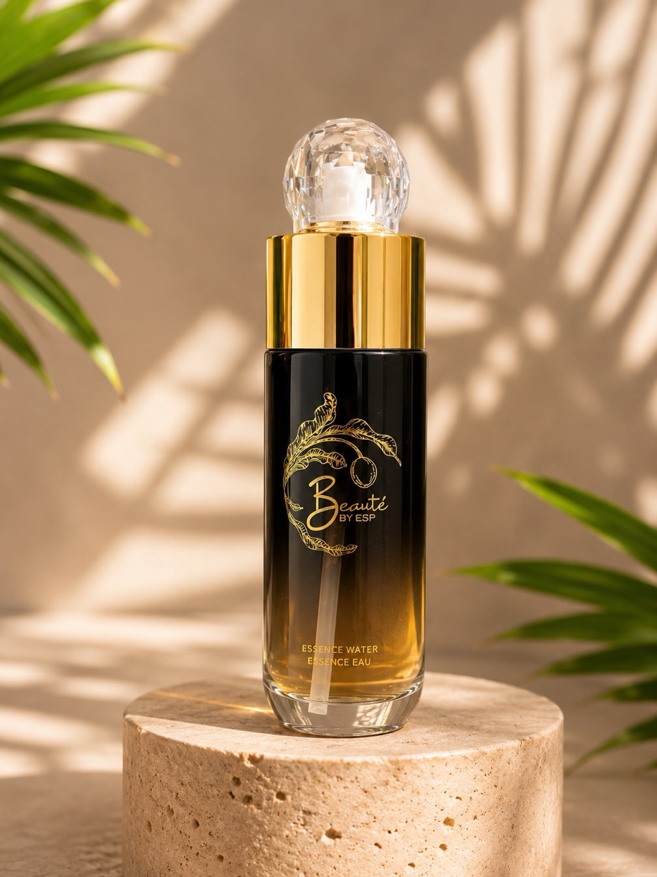Beauté by ESP Essence Water displayed on natural stone pedestal with tropical palm leaf backdrop and warm golden lighting