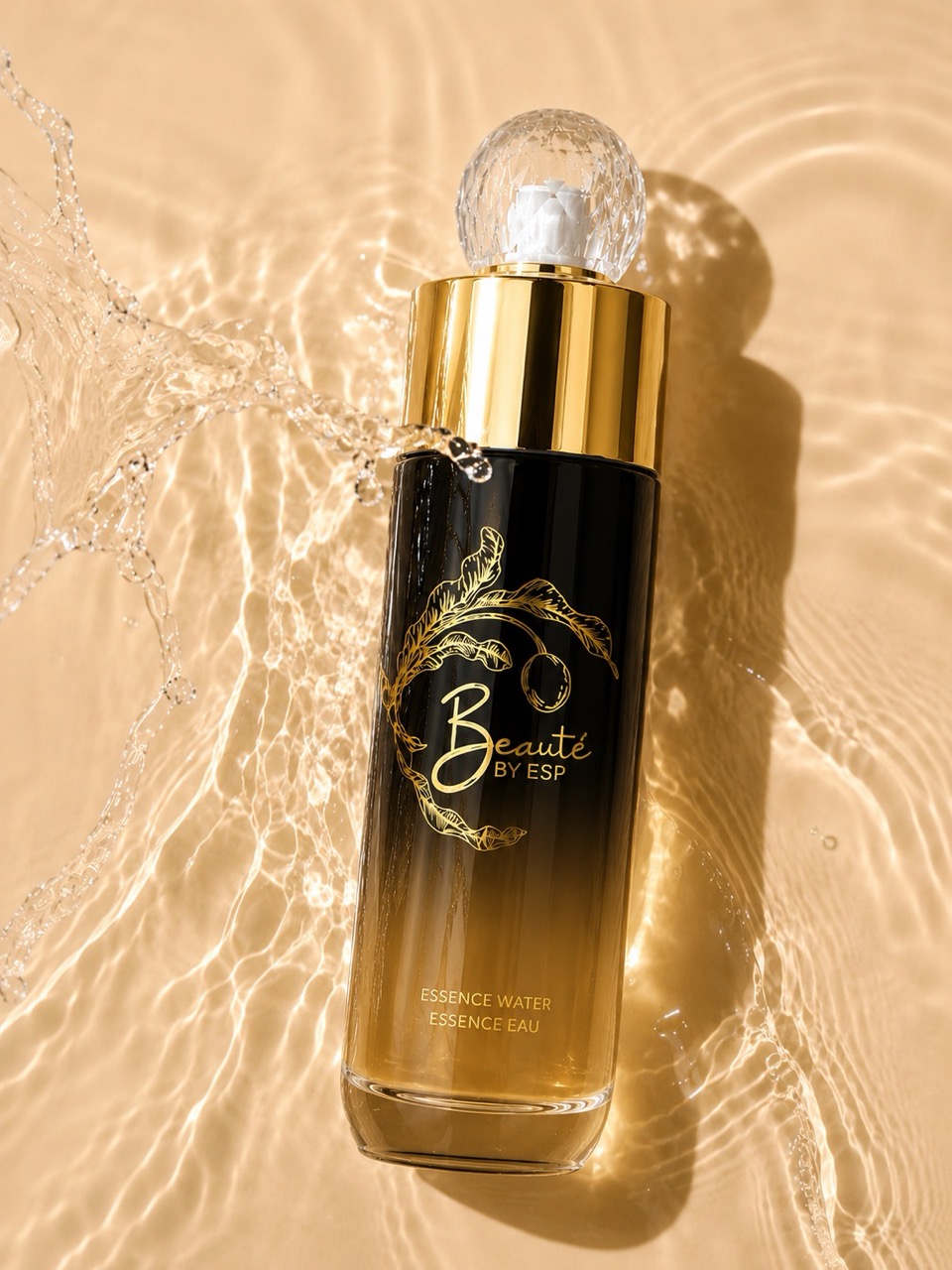 Woman holding Beauté by ESP Essence Water poolside with radiant skin and product luxe aesthetic