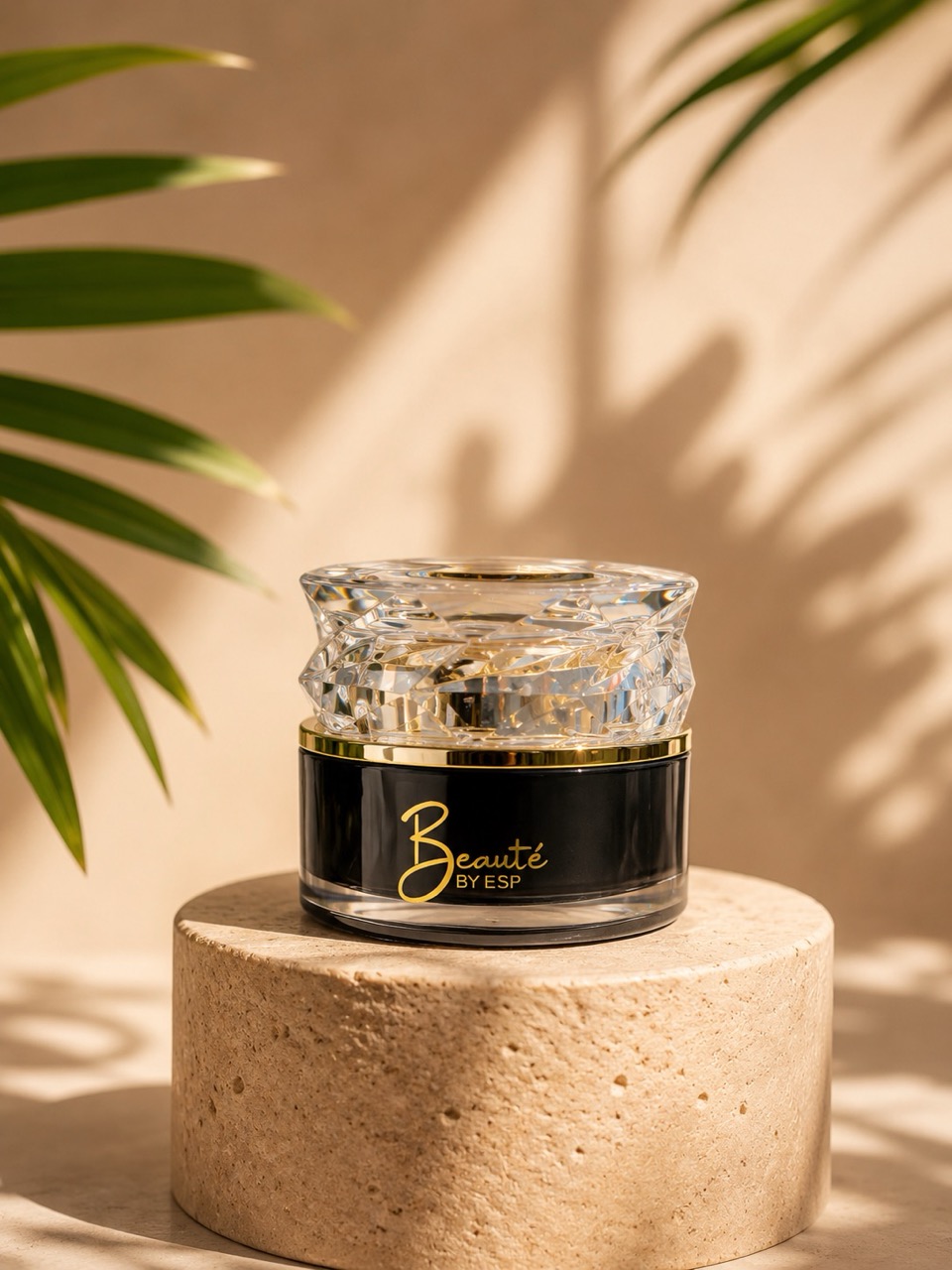 Beauté by ESP Ageless Eye Cream on stone pedestal with botanical backdrop