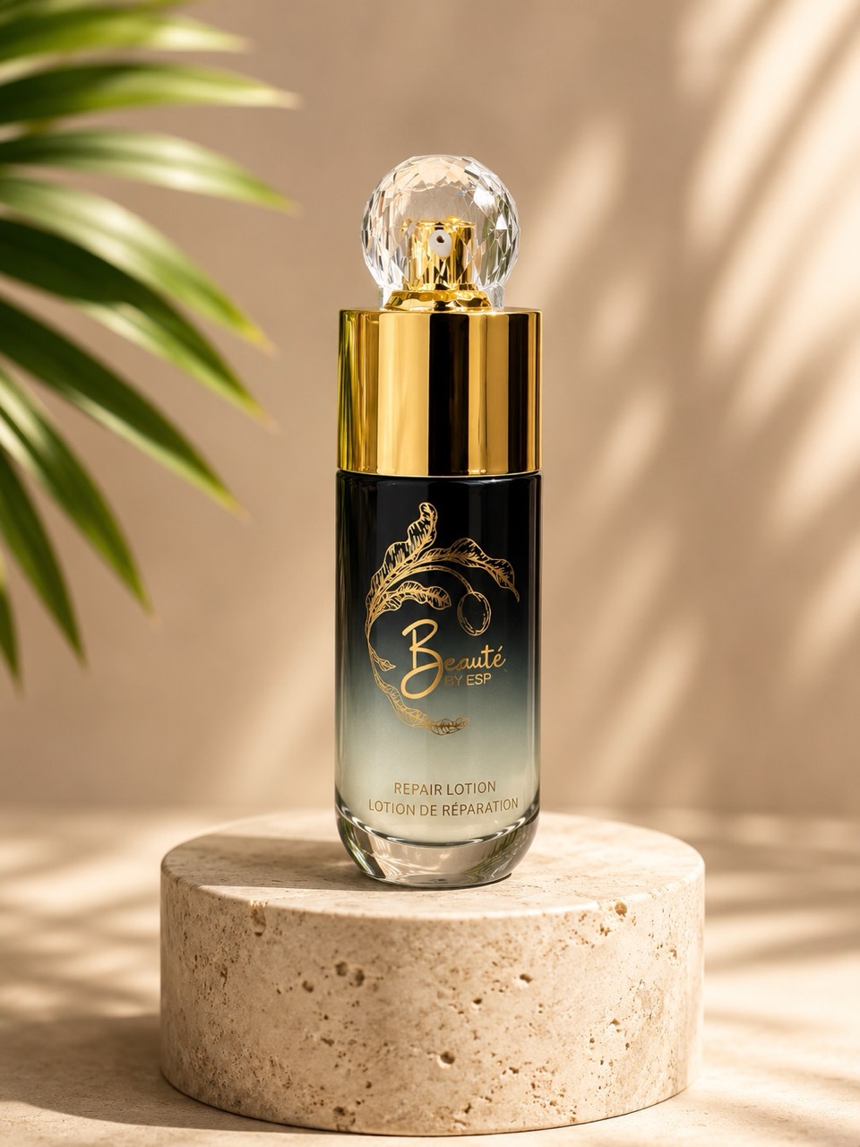 Beauté by ESP Repair Lotion displayed on natural stone pedestal with palm leaf and warm golden lighting