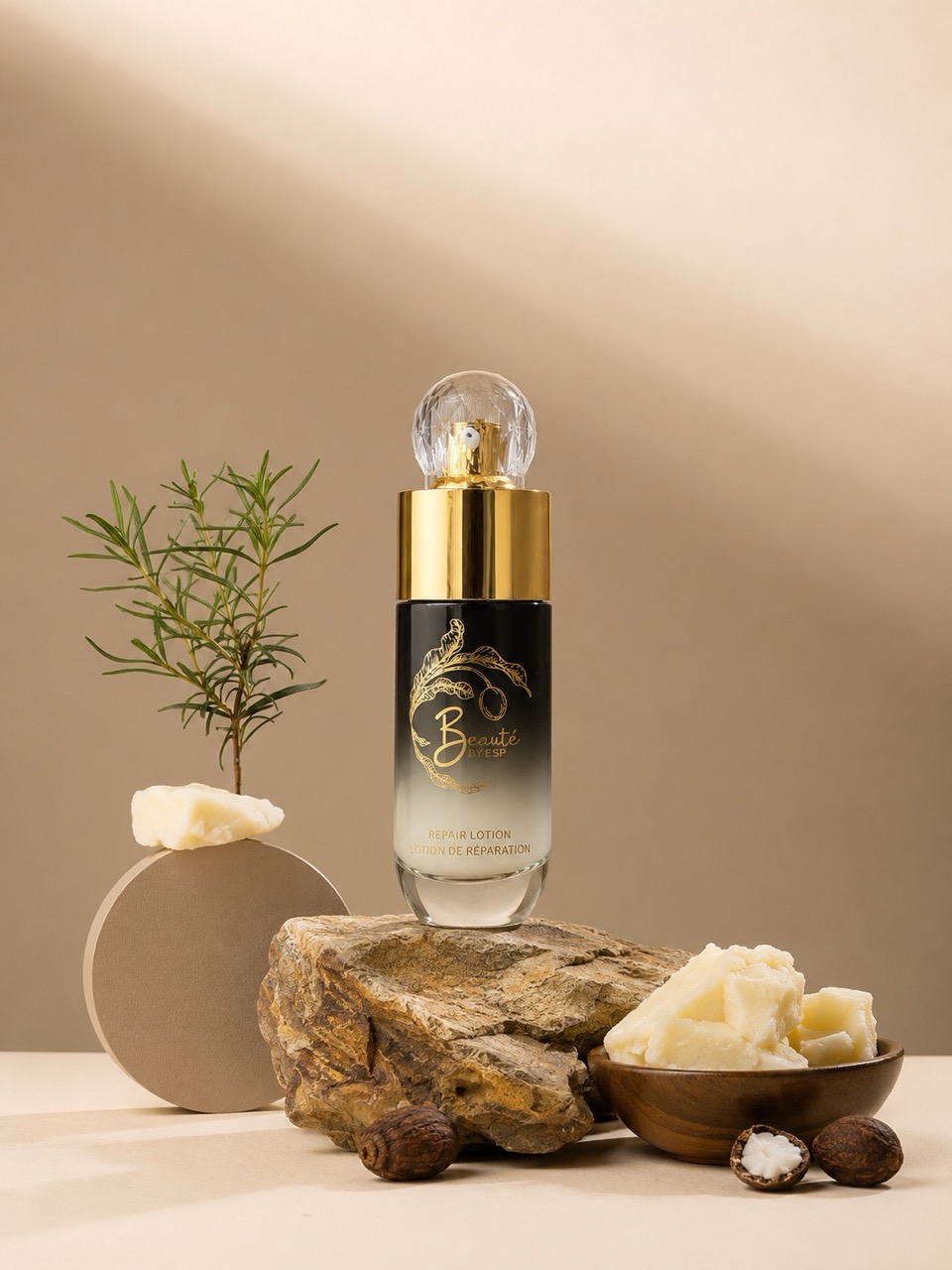 Woman holding Beauté by ESP Repair Lotion showing radiant complexion and smooth skin texture