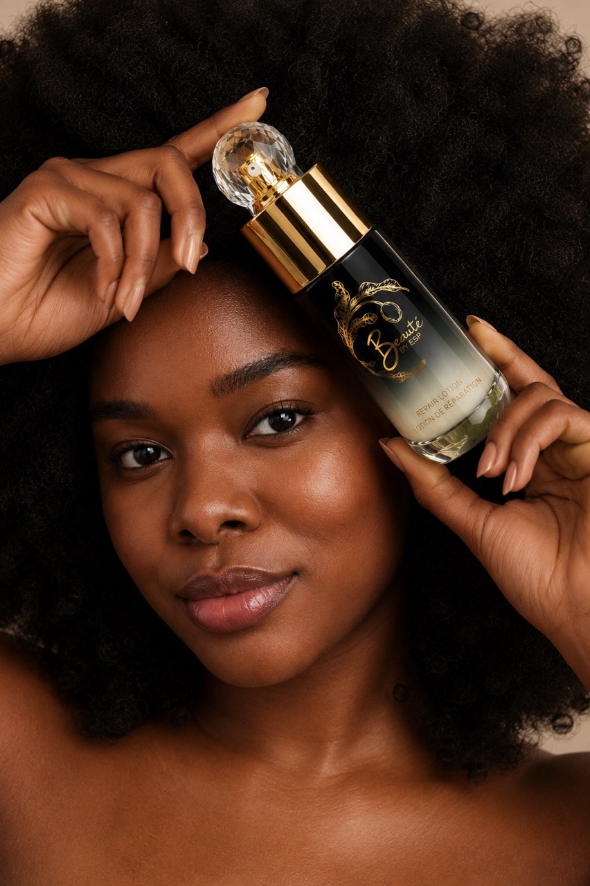 Woman holding Beauté by ESP Repair Lotion with glowing skin and natural beauty backdrop