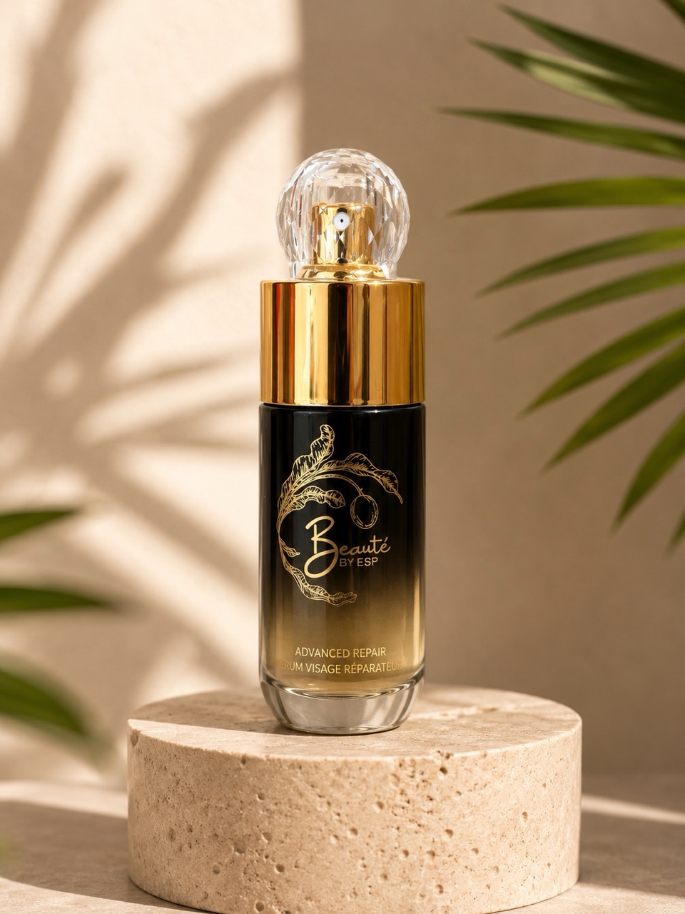 Beauté by ESP Advanced Repair Face Serum on stone pedestal with botanical backdrop