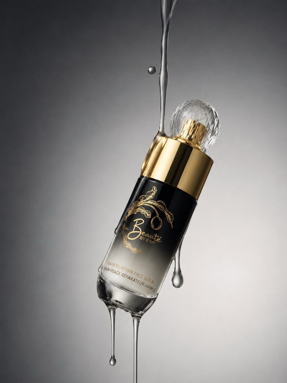 Beauté by ESP serum bottle with gold dropper suspended in liquid droplets