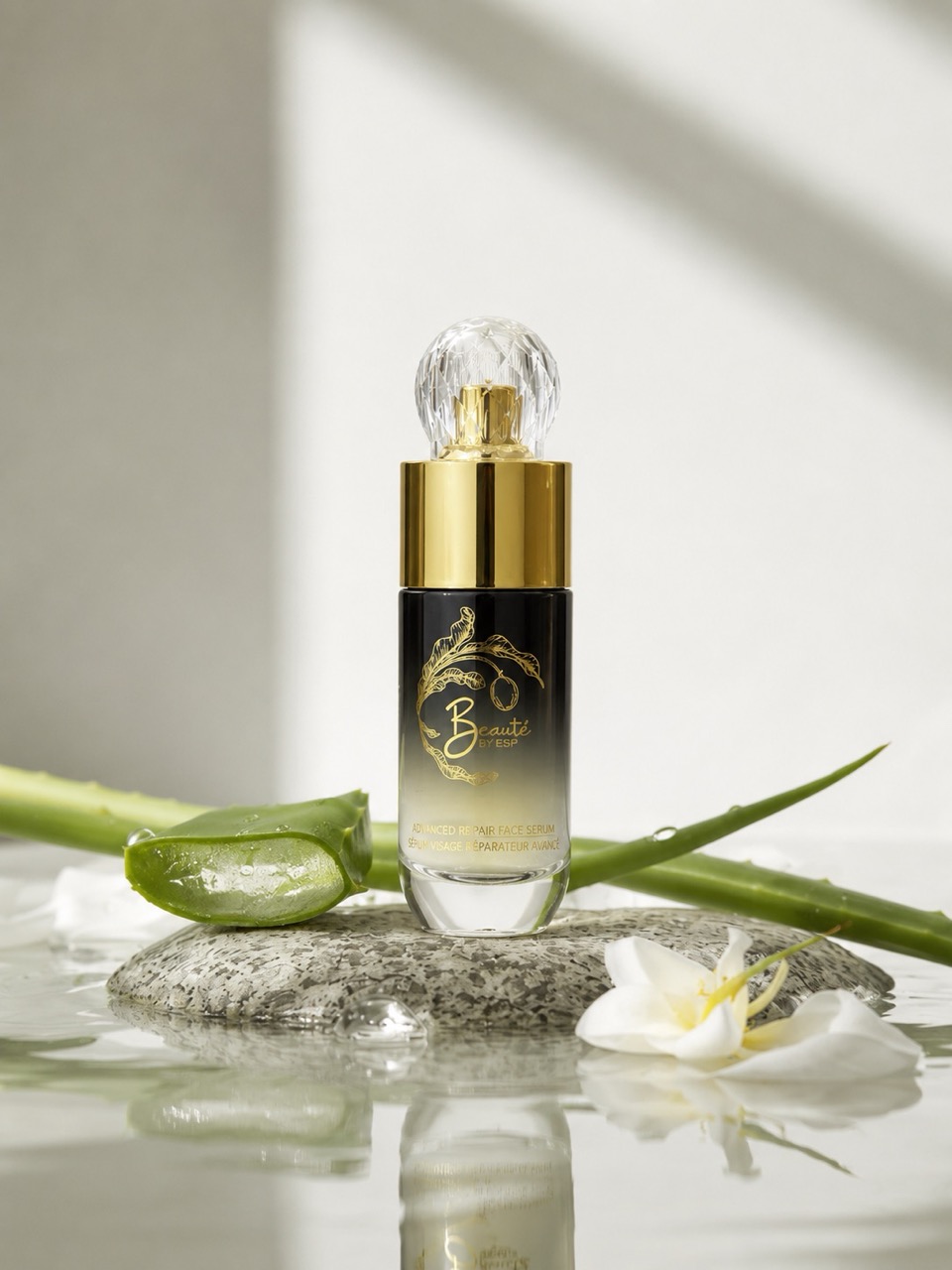 Beauté by ESP serum displayed on stone with aloe vera leaf and white flower